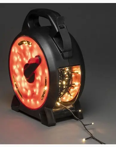 Konstsmide Kabeltromme, 200 varmhvit LED, svart myk kabel. 30V / IP44