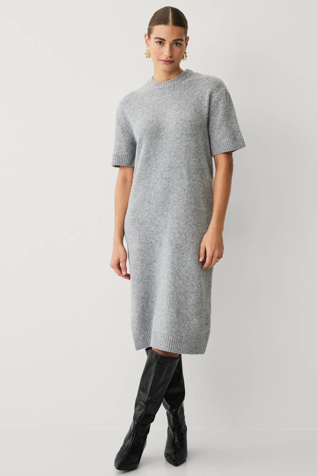 Strikket T-skjortekjole Mid grey mel (8022)
