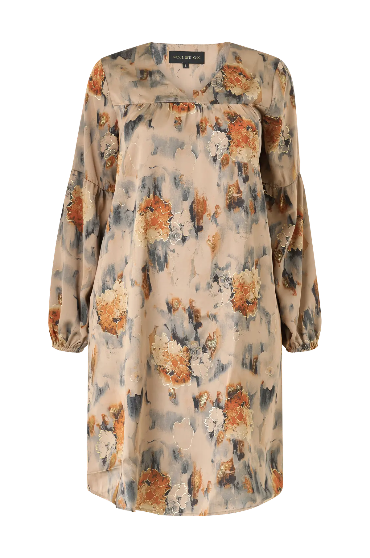 Kjole V Neck Dress w Yoke And Puff Sleeves Warm Sand W Apricot Flowers And Gold Foil