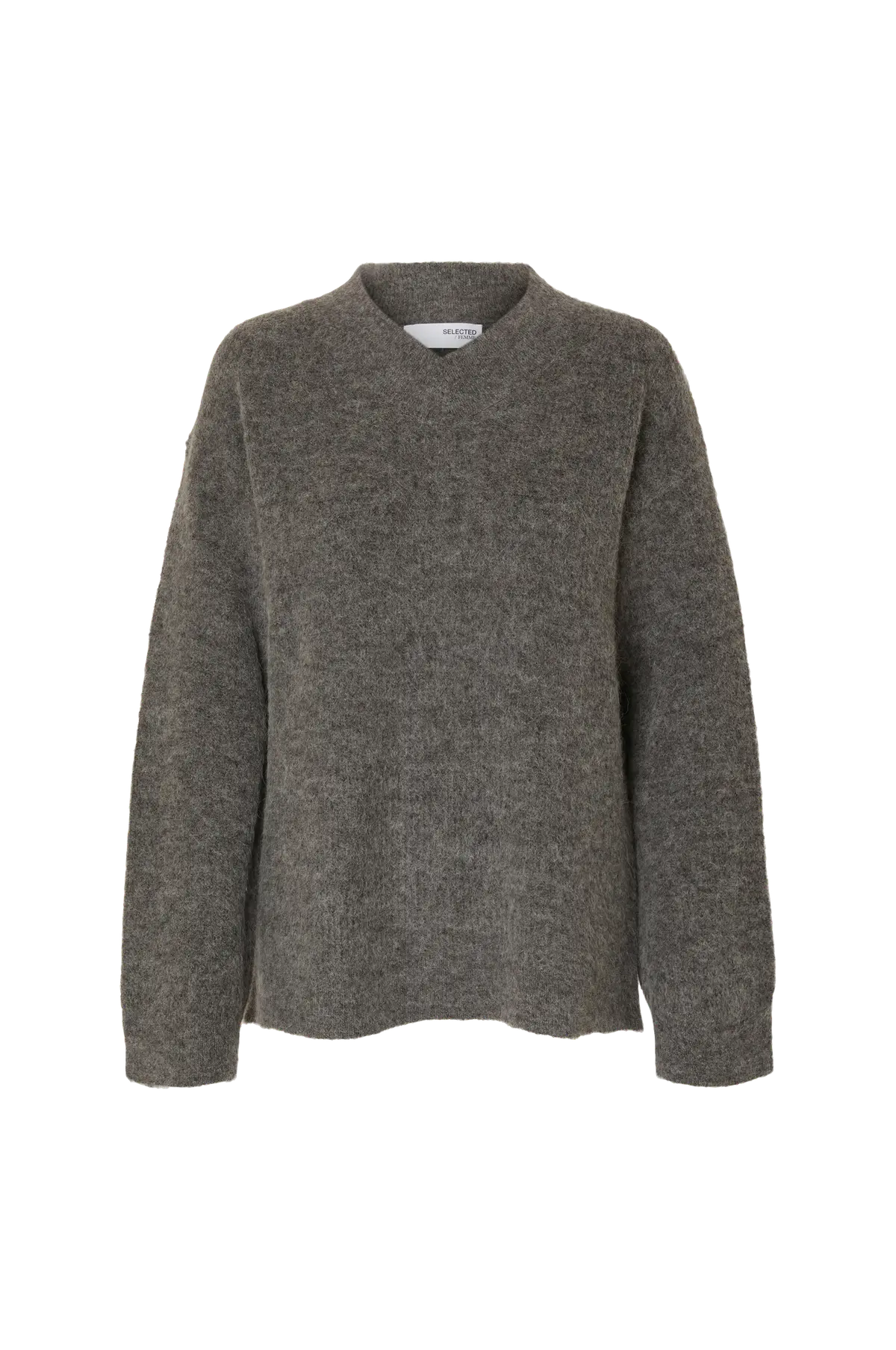 Pullover slfSia Ras LS Knit Long V-neck Medium grey melange