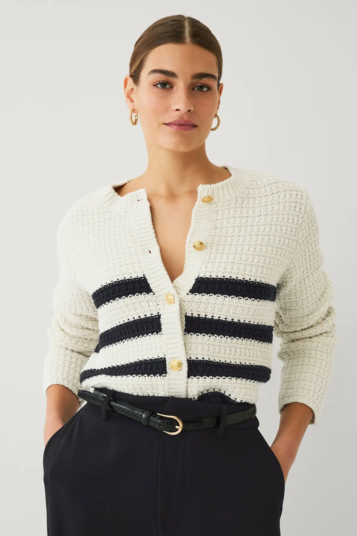 Kardigan Creme marineblå stripe
