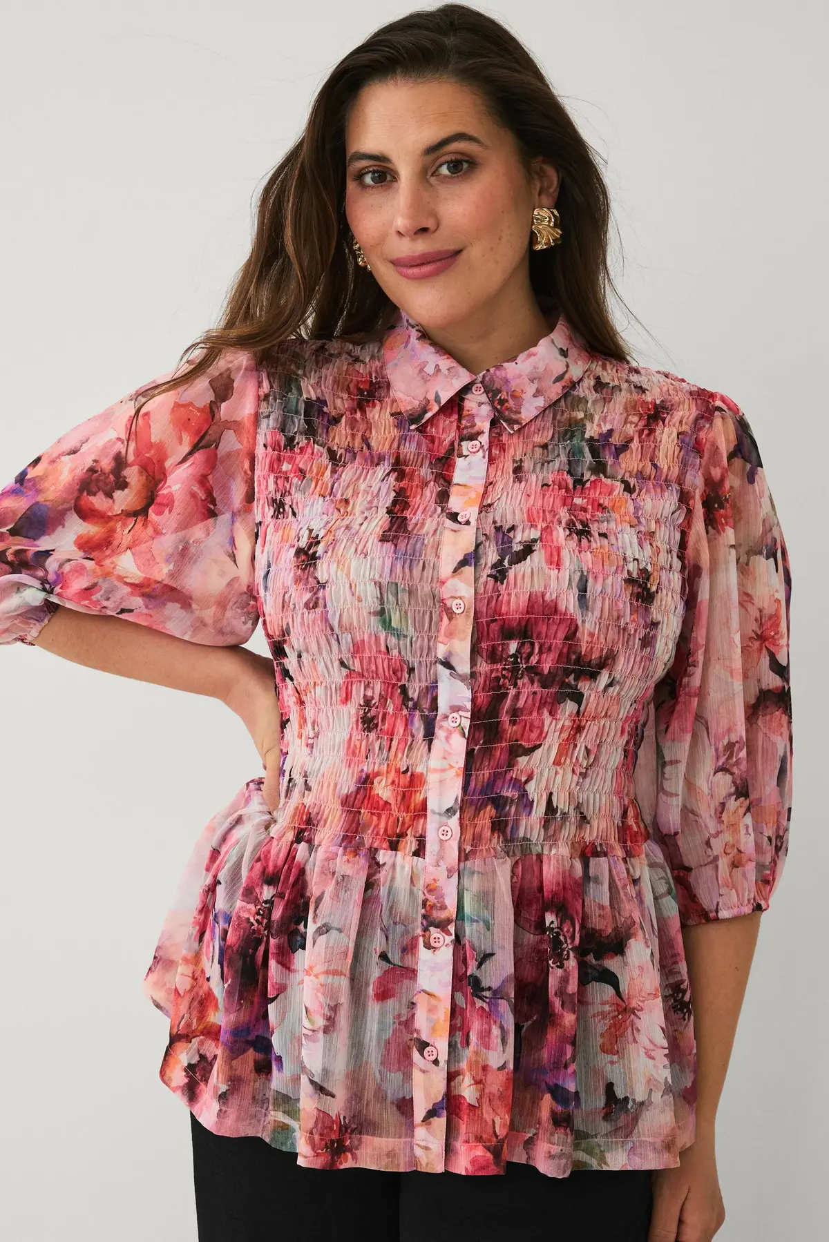 Bluse med smock Rosa-blomstret