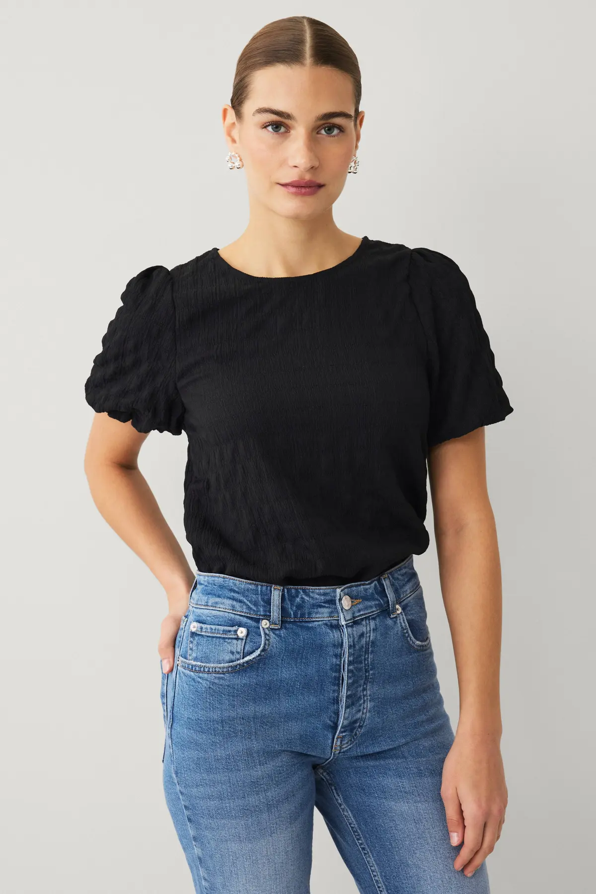 Jerseybluse med ballongermer Svart