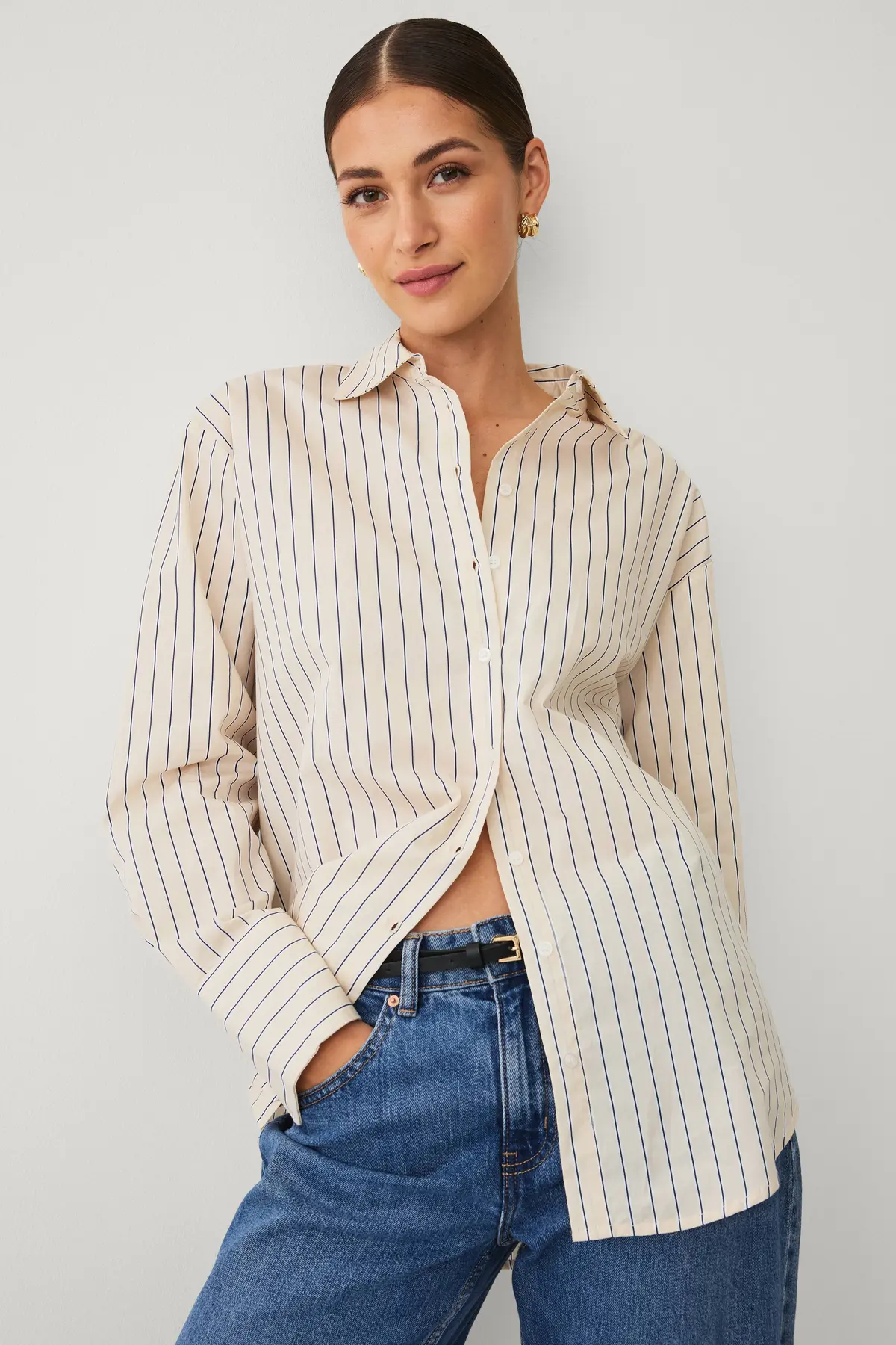 Skjorte med lange ermer Beige stripet