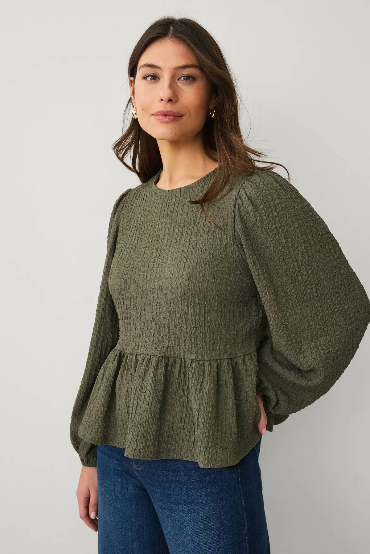 Jerseybluse med ballongermer Grønn
