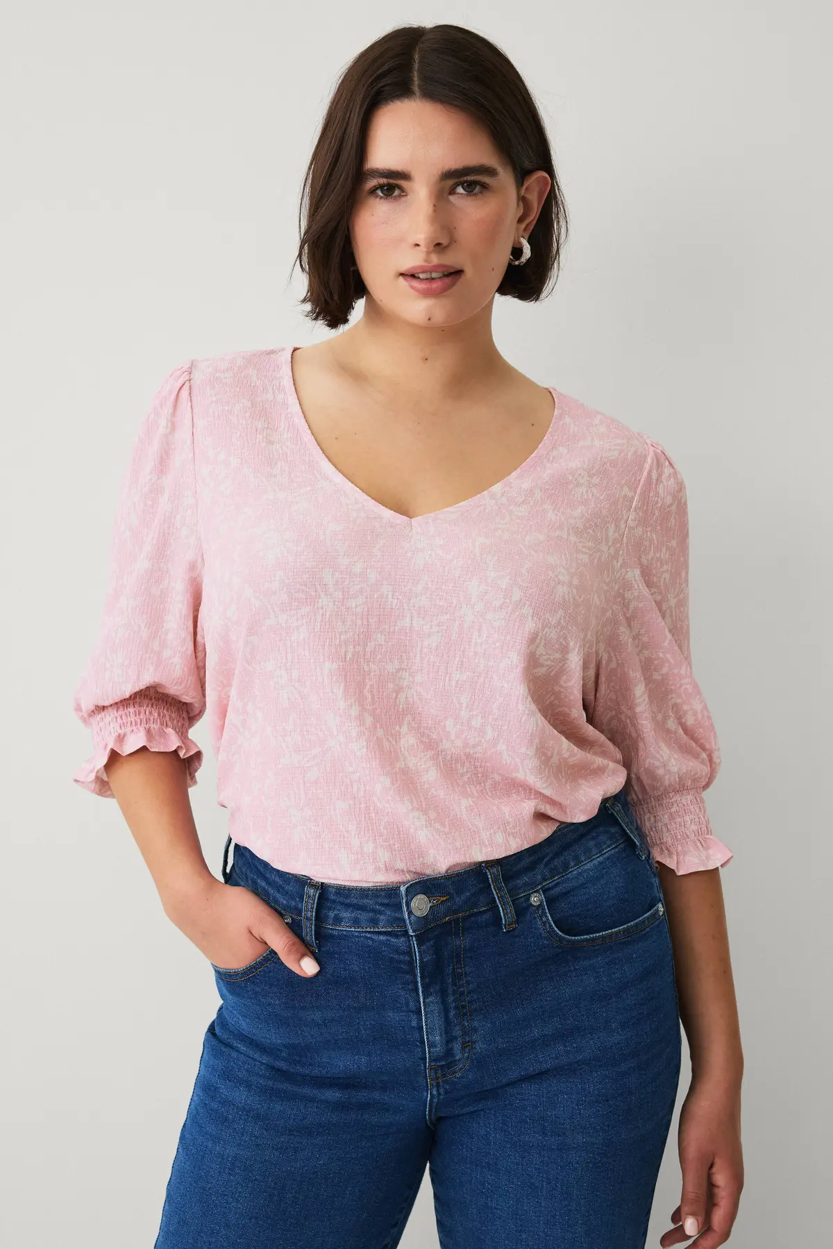 Topp med bobleermer Rosa blommig