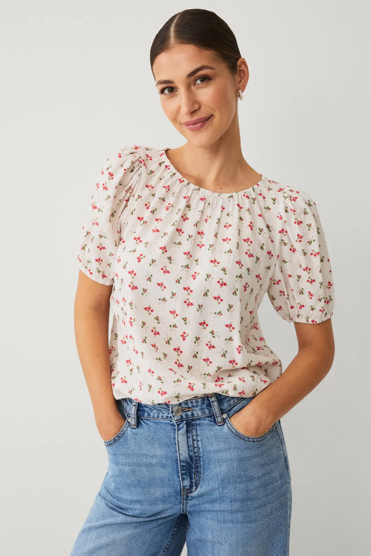 Bluse med puffermer Beige/rød