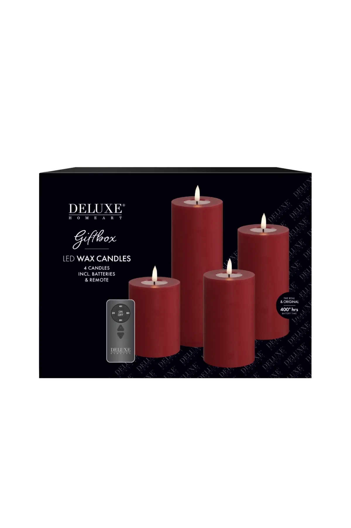 LED Giftbox Pillar Candle 4 stk + fjernkontroll Bordeaux