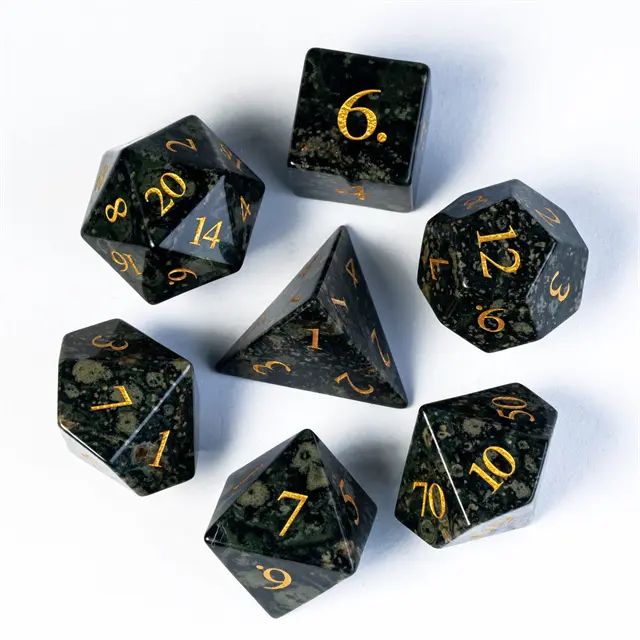 Gemstone Poly Kambaba Jasper Black, Grey /Gold (7) Terningsett