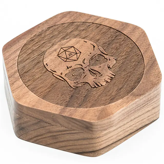 Walnut Hexagon Skull Wooden Dice Box