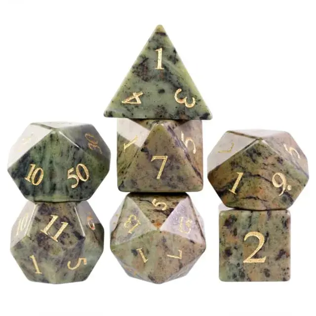 Gemstone Poly Jasper Green, Black, Brown /Gold (7) Terningsett