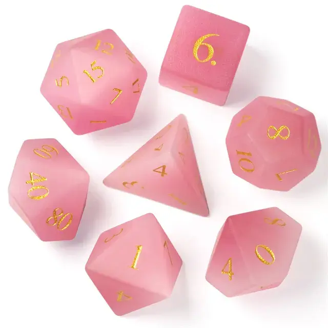 Gemstone Poly Frosted Cat's Eye Pink, White /Gold (7) Terningsett