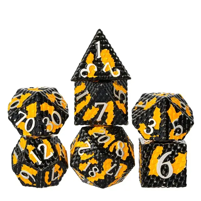 Metal Poly Dragon Scale Black, Orange /White (7) Terningsett