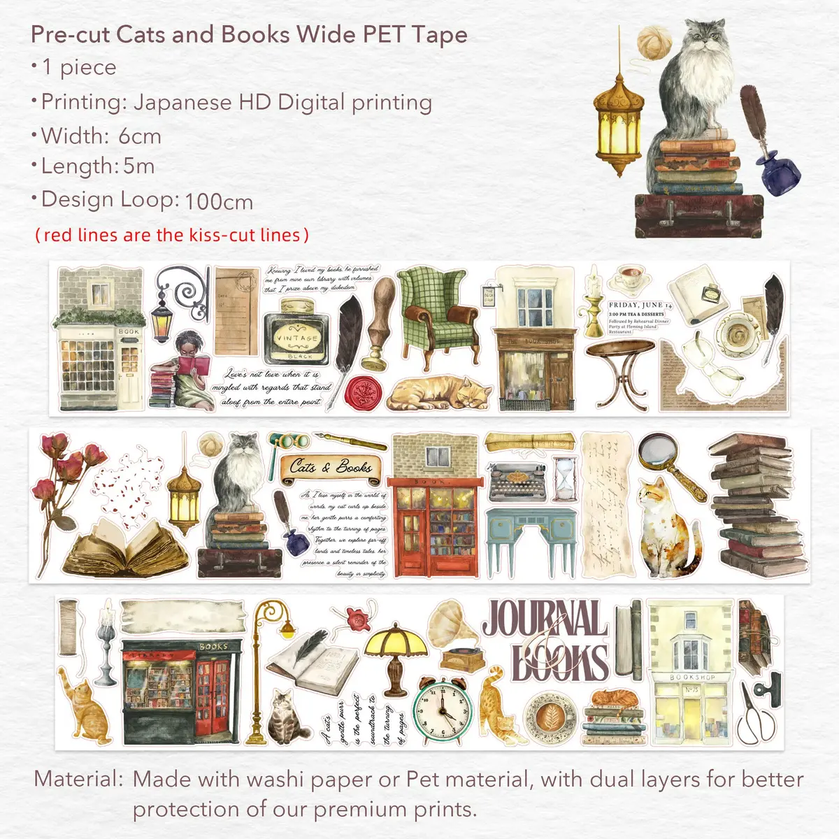 Cats and Books Wide PET Tape