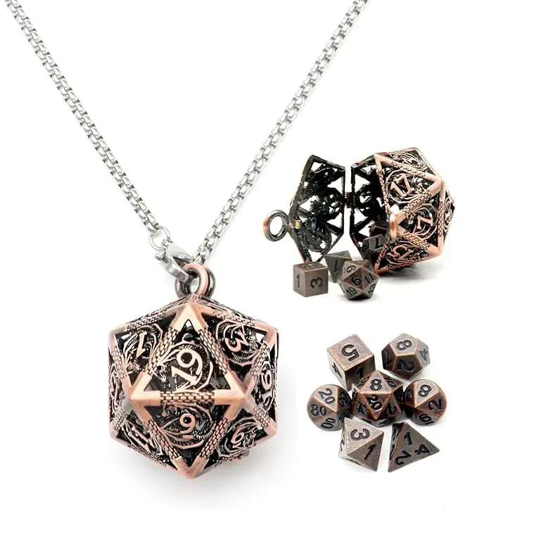 Hollow D20 Necklace with tiny Metal Poly Ancient Copper Dice Set (7)