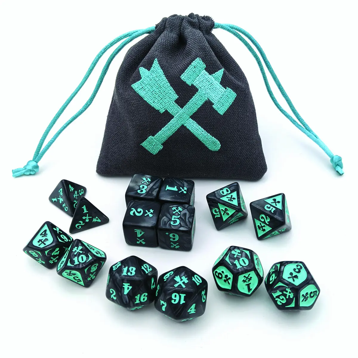 Bludgeoning Damage Poly Black /Teal Dice Set with Bag (14)