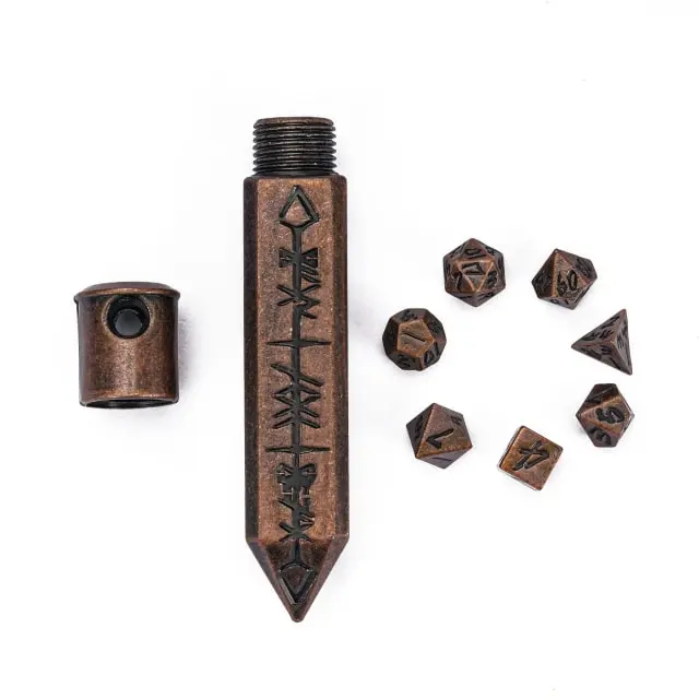 Metal Keychain Bullet with tiny Metal Poly Dice Set Copper (7)