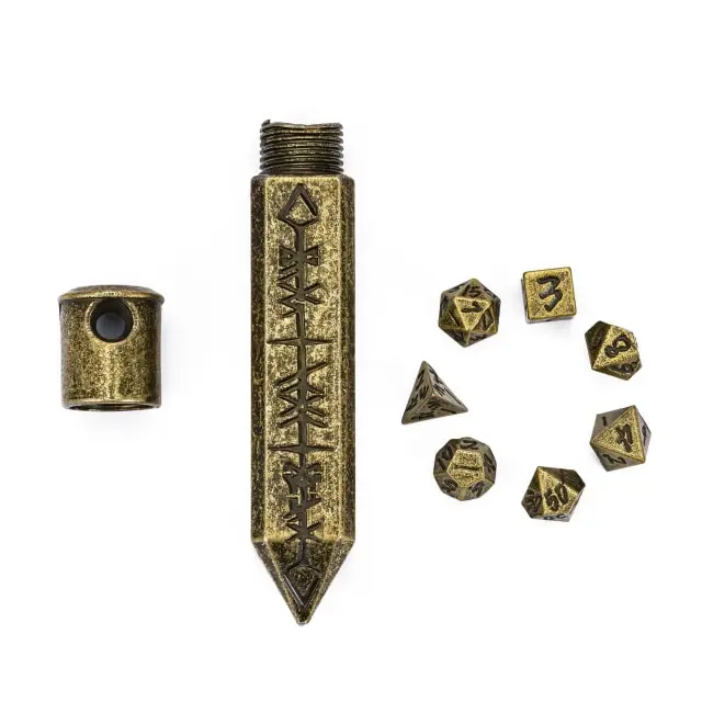 Metal Keychain Bullet with tiny Metal Poly Dice Set Bronze (7)
