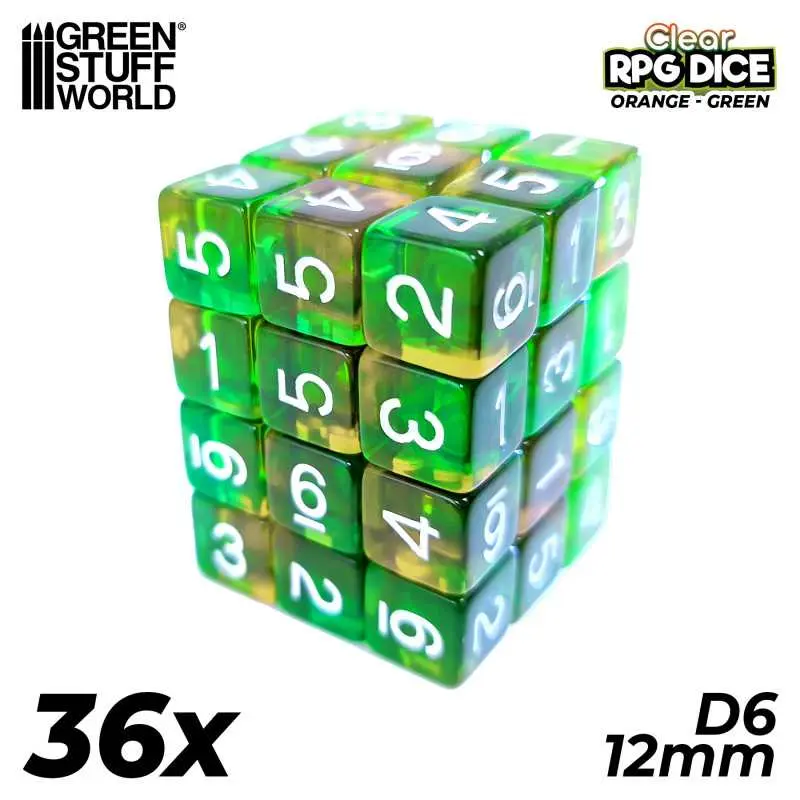 Orange/Green Clear D6 12 mm Dice Set (36)