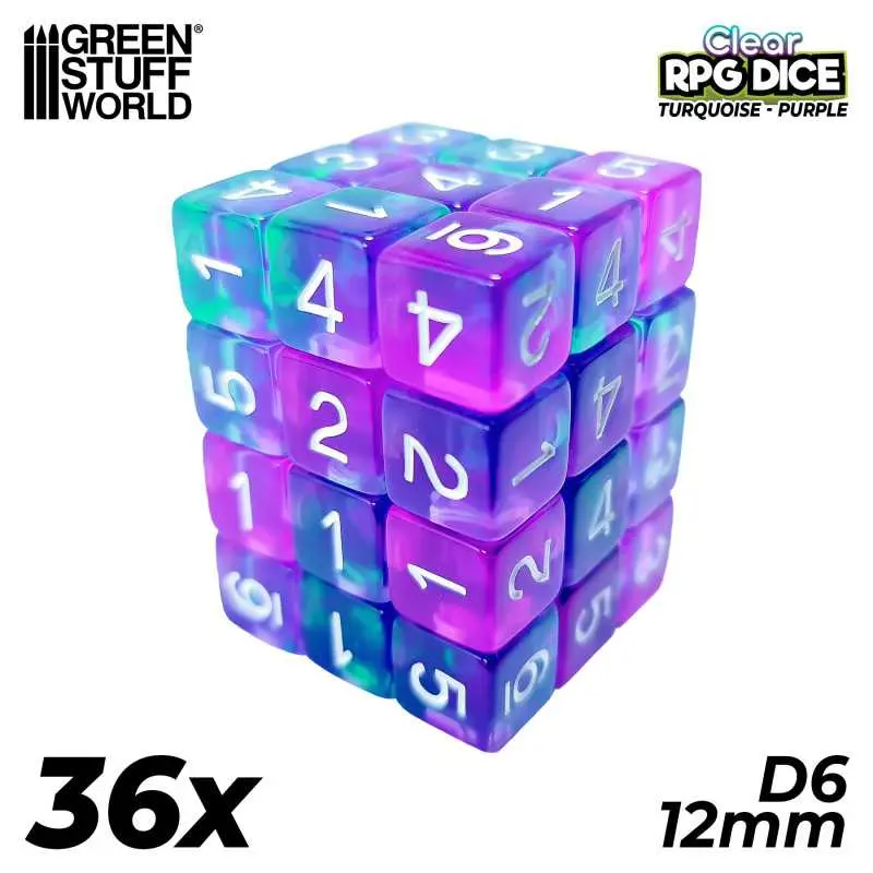 Turquoise/Purple Clear D6 12 mm Dice Set (36)
