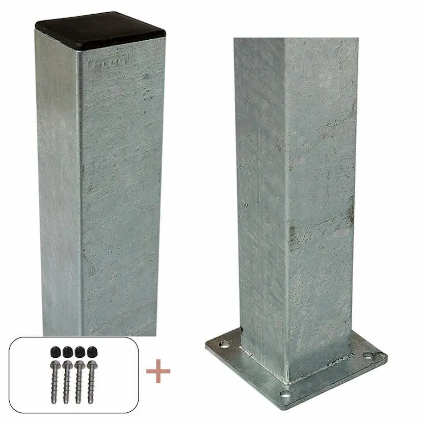 Stålstolpe PLUS med Fot og Stolpedeksel/Bolter 8 x 8  cm