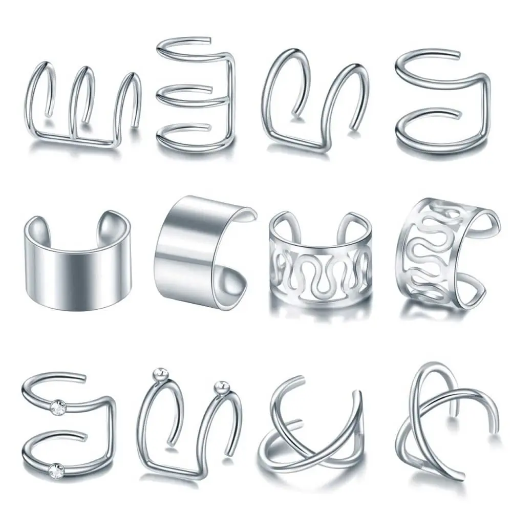 12-pack falske helix piercing ører ørepynt mansjett uten hull sølv