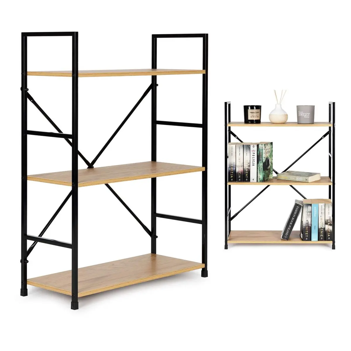 Trebokhylle med metallramme LOFT 3 hyller bred