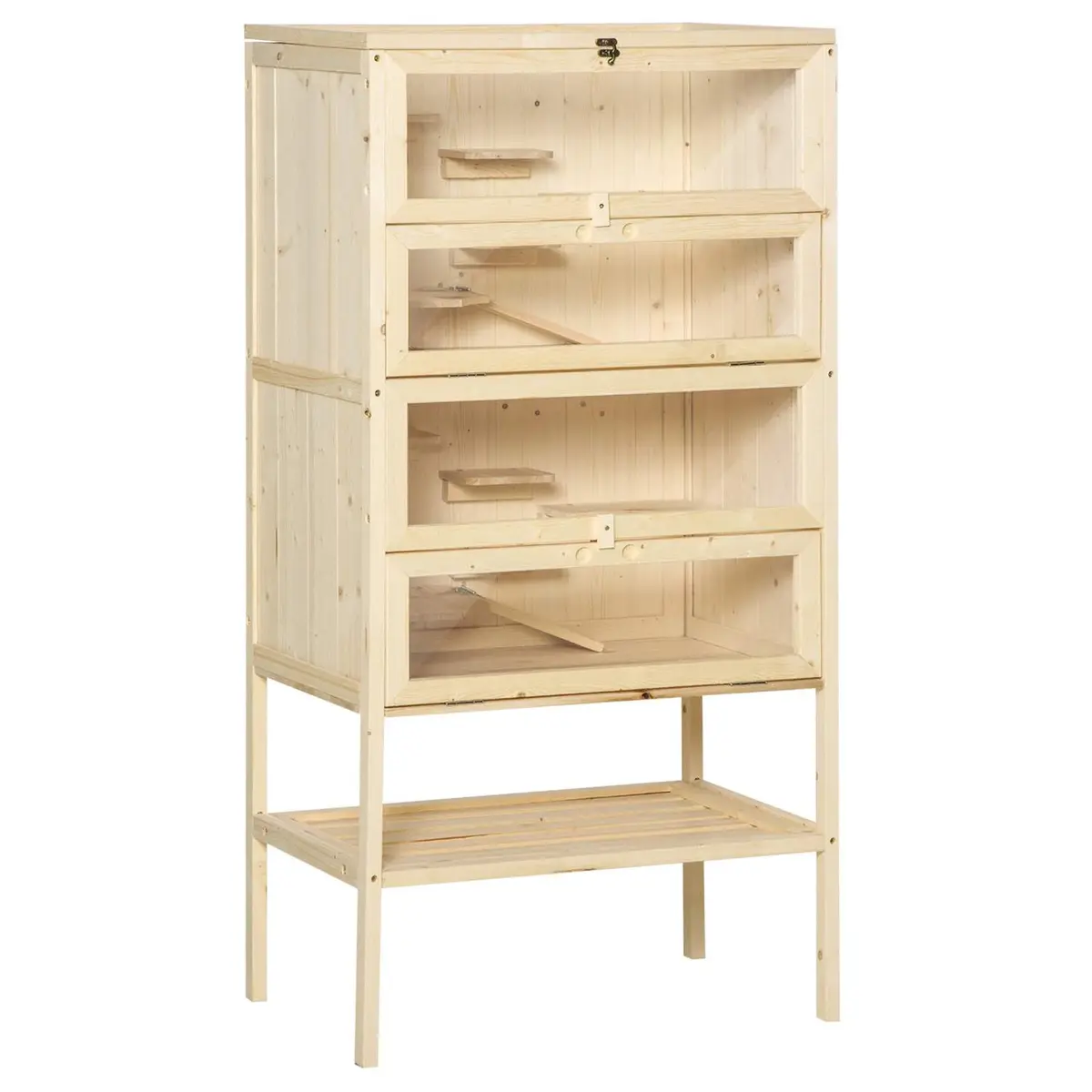 Smådyrbur 5 nivåer med nettingtakramper smådyrstallbur gnagerbur marsvinhytte grantre naturlig tre 60 x 40 x 120 cm