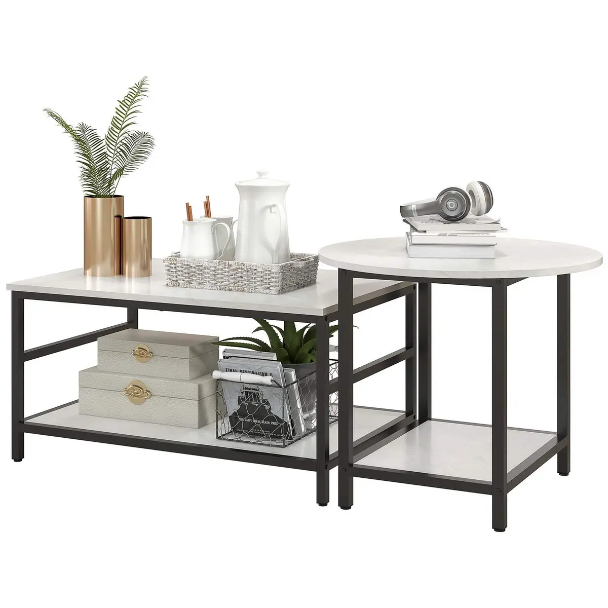 Salongbord sett med 2 sidebord, salongbord, sofabord i moderne design med marmorlook for stue, soverom, stål