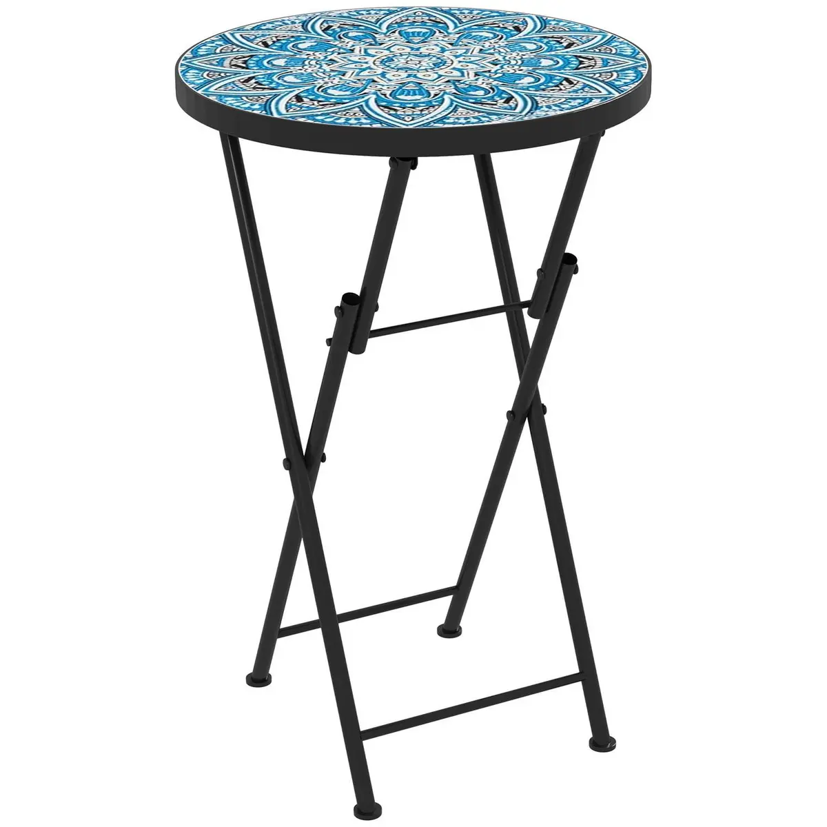 Sidebord, sammenleggbart hagebord med mosaikkdesign, diameter 35,5 x 55 cm, rundt værbestandig balkongbord laget av metall, camp