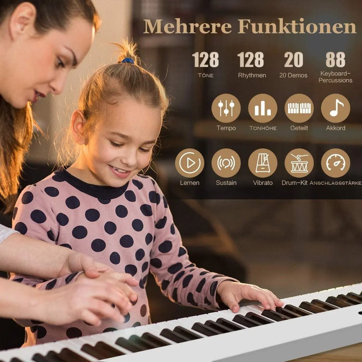 Sammenleggbart E-tastatur Sammenleggbart med 88 opplyste taster Digitalt tastatur Digitalt tastatur Hvit