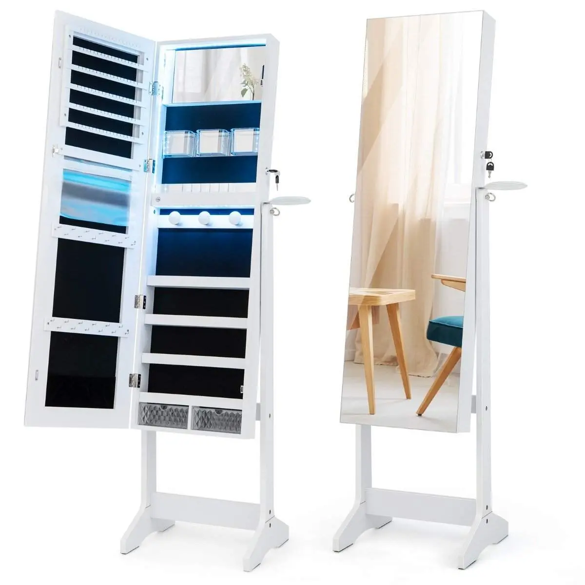 LED smykkeskap med speil i full lengde og sminkespeil 41 x 37 x 156 cm hvit