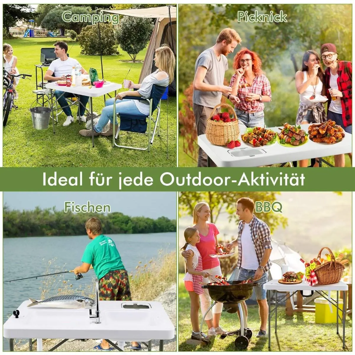 Fiskevaskebord sammenleggbart filetbord 101,5 x 65,5 x 107,5 cm hvit