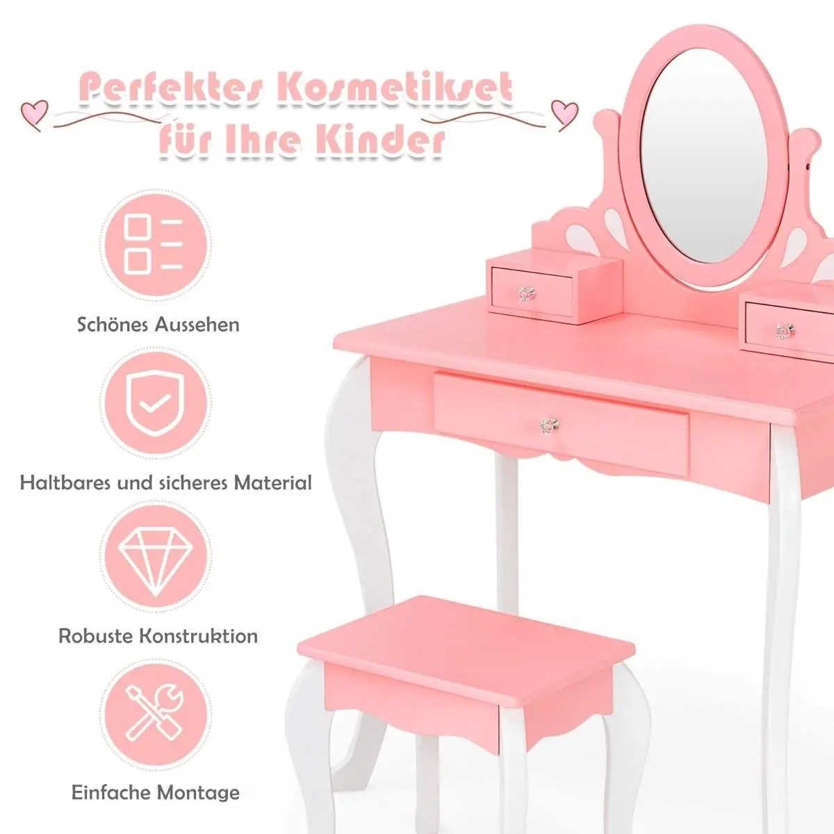 Sminkebord for barn med krakk Princess sminkebord med 3 skuffer & speilrosa