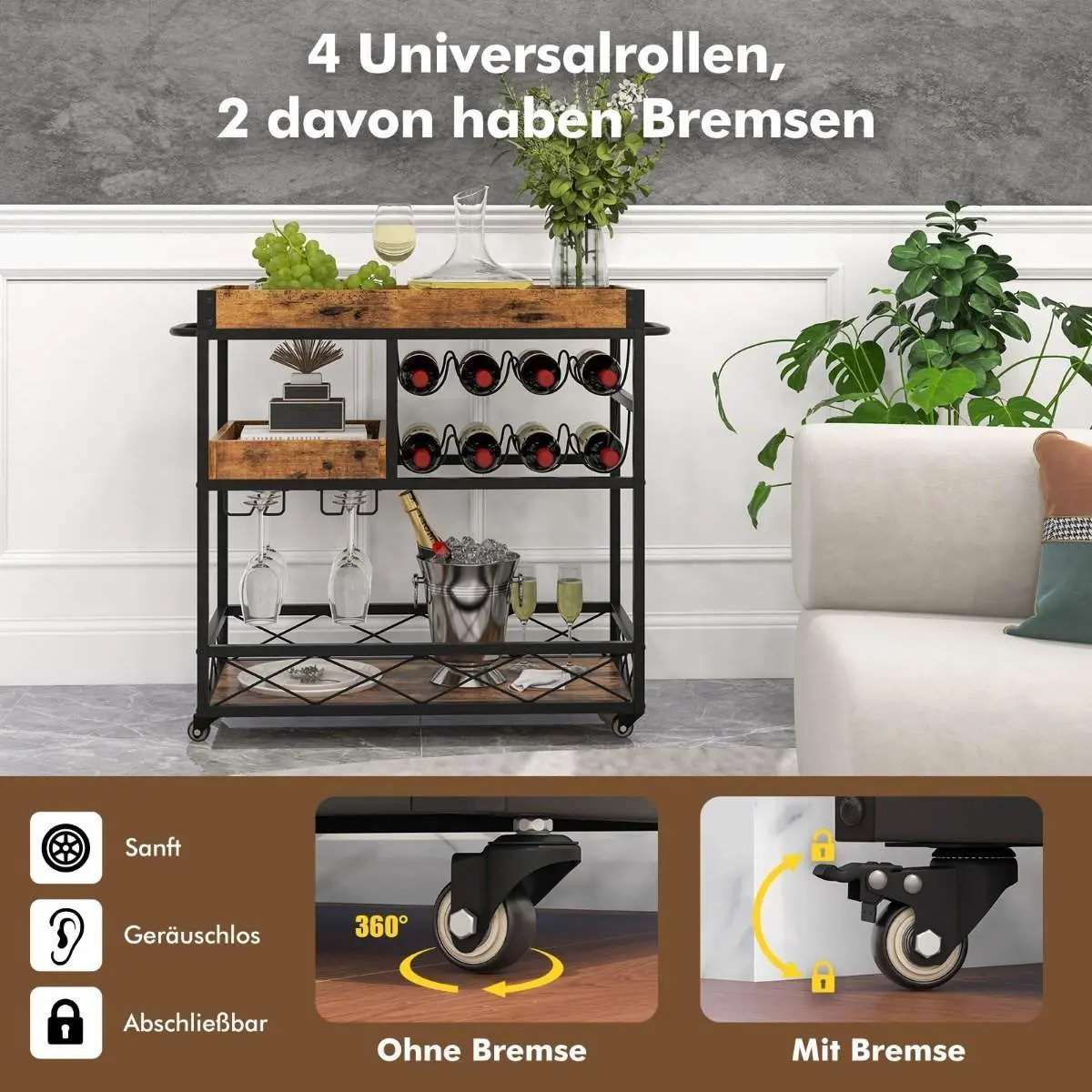 Serveringsvogn 3-lags rullestangvogn med avtakbart brett 80 x 40 x 83 cm Rustikkbrun