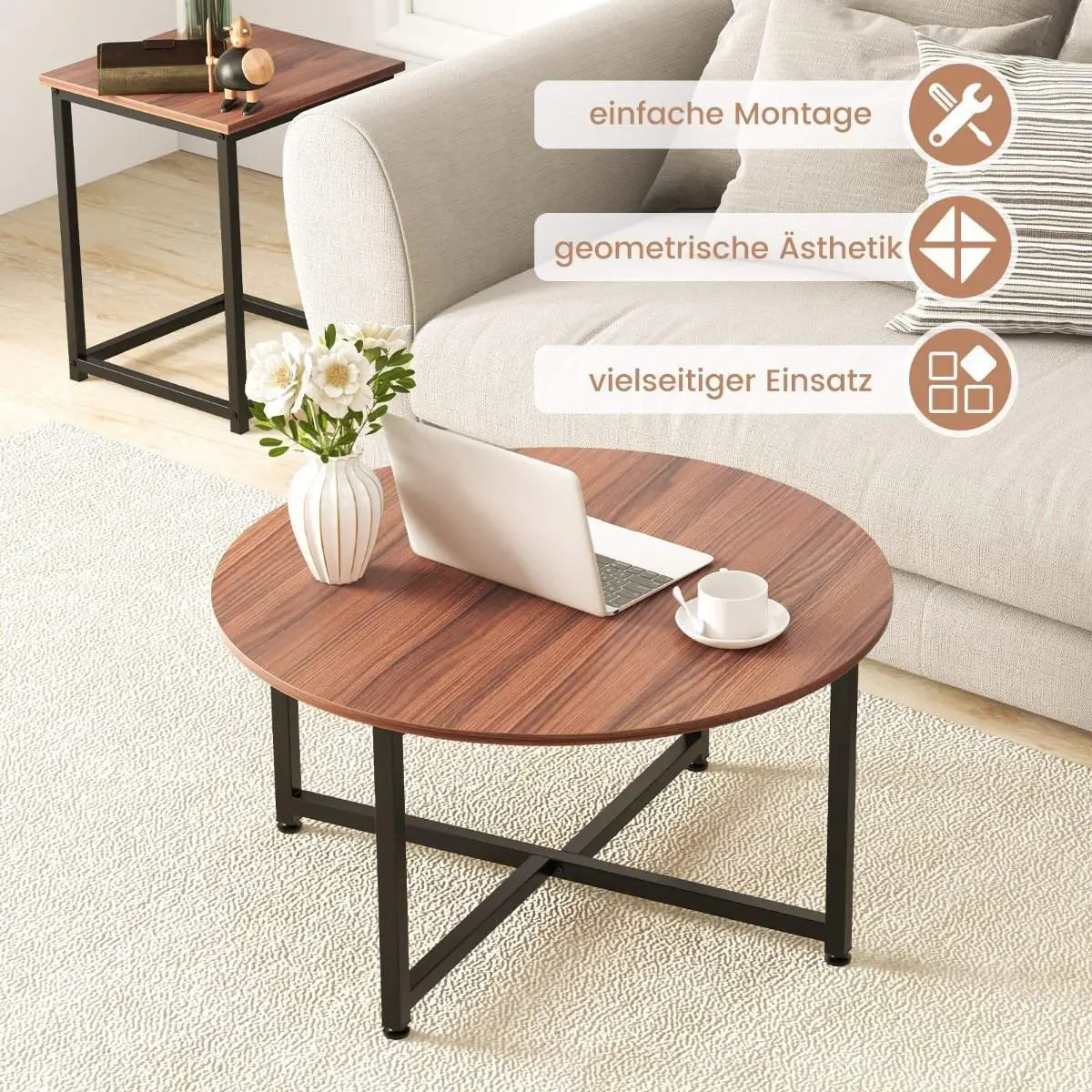 Sett med 3 salongbord med robust metallramme, rundt salongbord og 2 firkantede sidebord, brune
