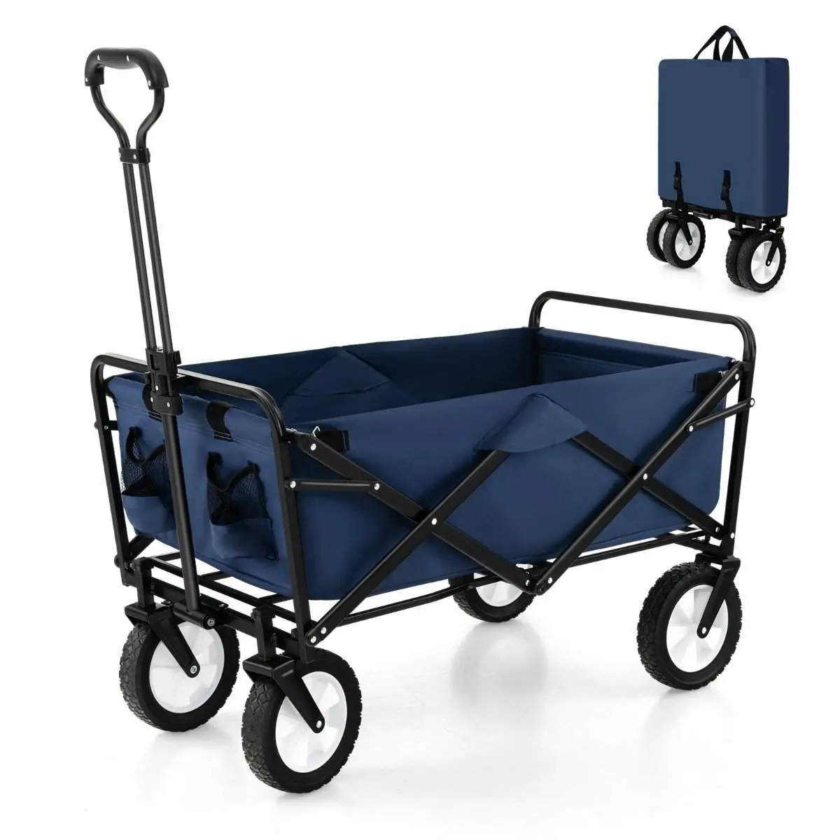 Sammenleggbar vogn med justerbart håndtak og koppholdere kan holde opptil 68 kg for shopping, camping, marineblå