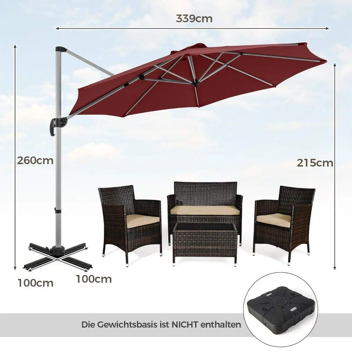 Ø 330 cm parasoll med sveiv & UPF 50+ & 360° roterende cantilever paraply hage paraply rød