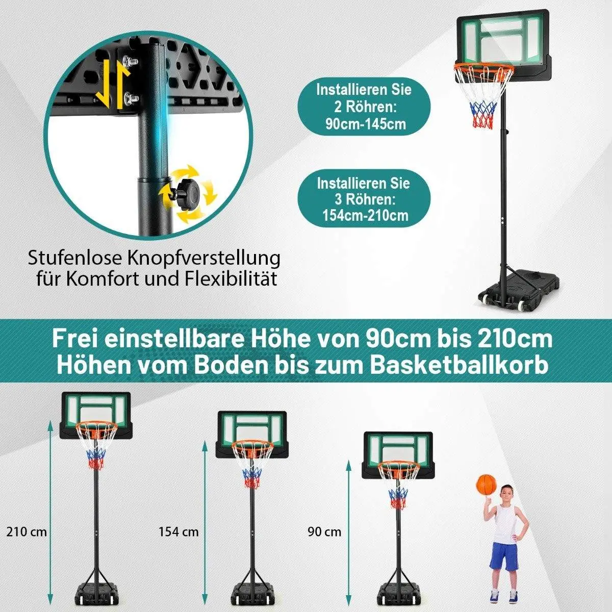 Basketballstativ 90/158-210 cm høydejusterbar basketballkurv med stativ værbestandig innendørs utendørs grønn