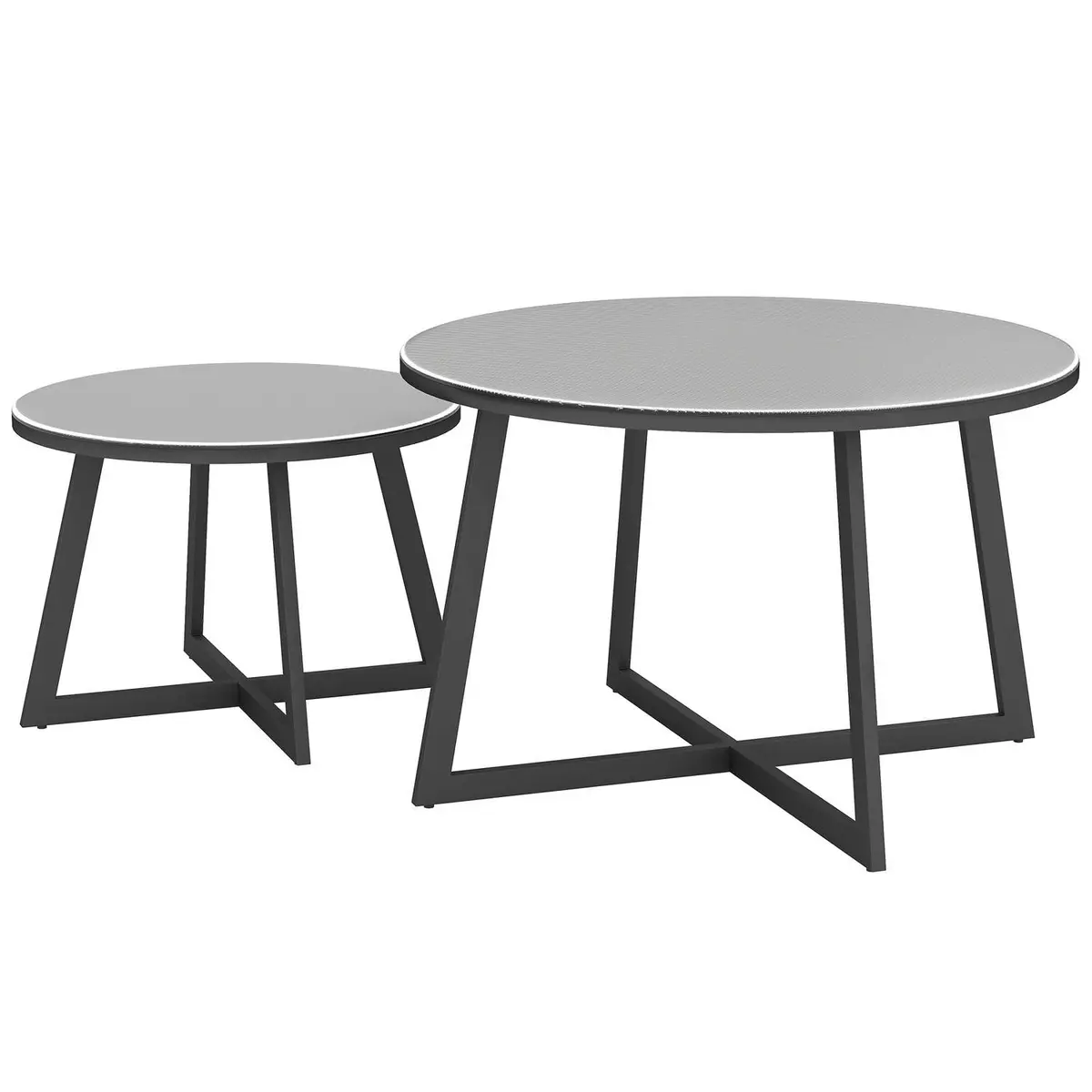Sett med 2 Sidebord Stablebart hagebord Rundt Værbestandig Balkongbord med X-Legs Glasstopp Stål Campingbord Salongbord til Stue