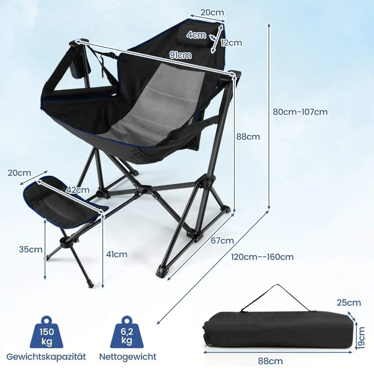 Campingstol med fotstøtte & justerbar ryggstøtte & nakkestøtte & koppholder fiskestol svart