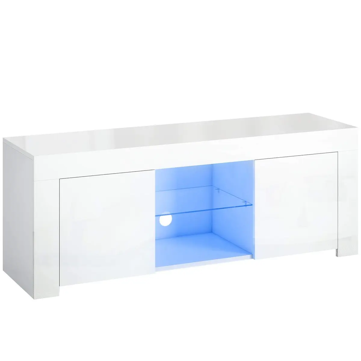 TV-skap med LED-lys – 2 dører, glasshylle, hvit