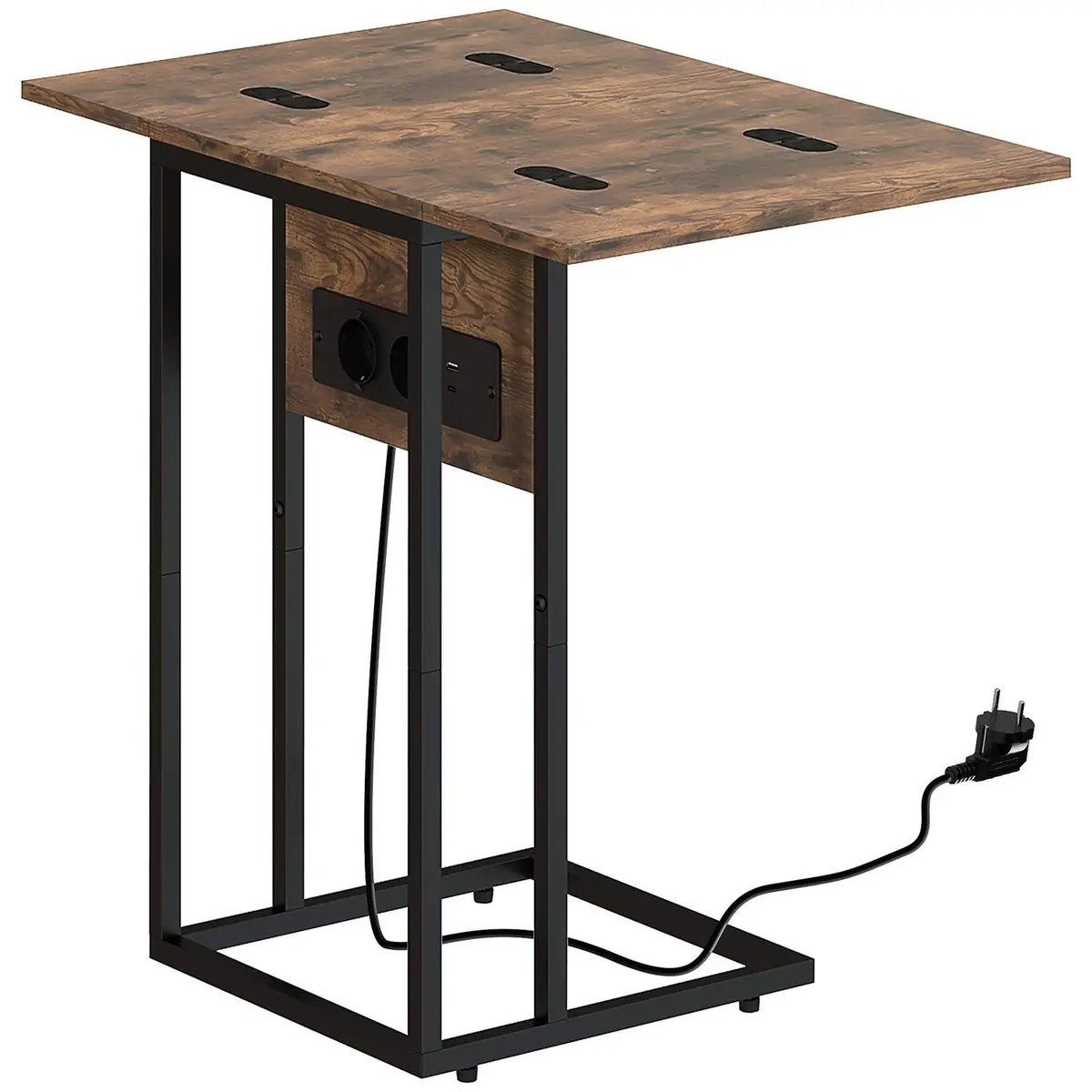 Sammenleggbart sidebord med USB-porter, metall, 39x29x57 cm, brun