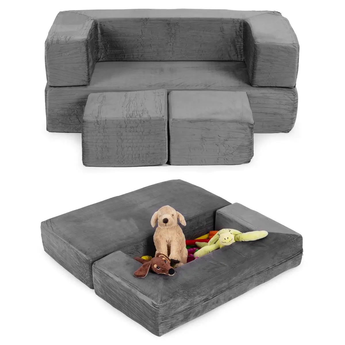 Modulær barnesofa med 4 puter – grå, mykt skum