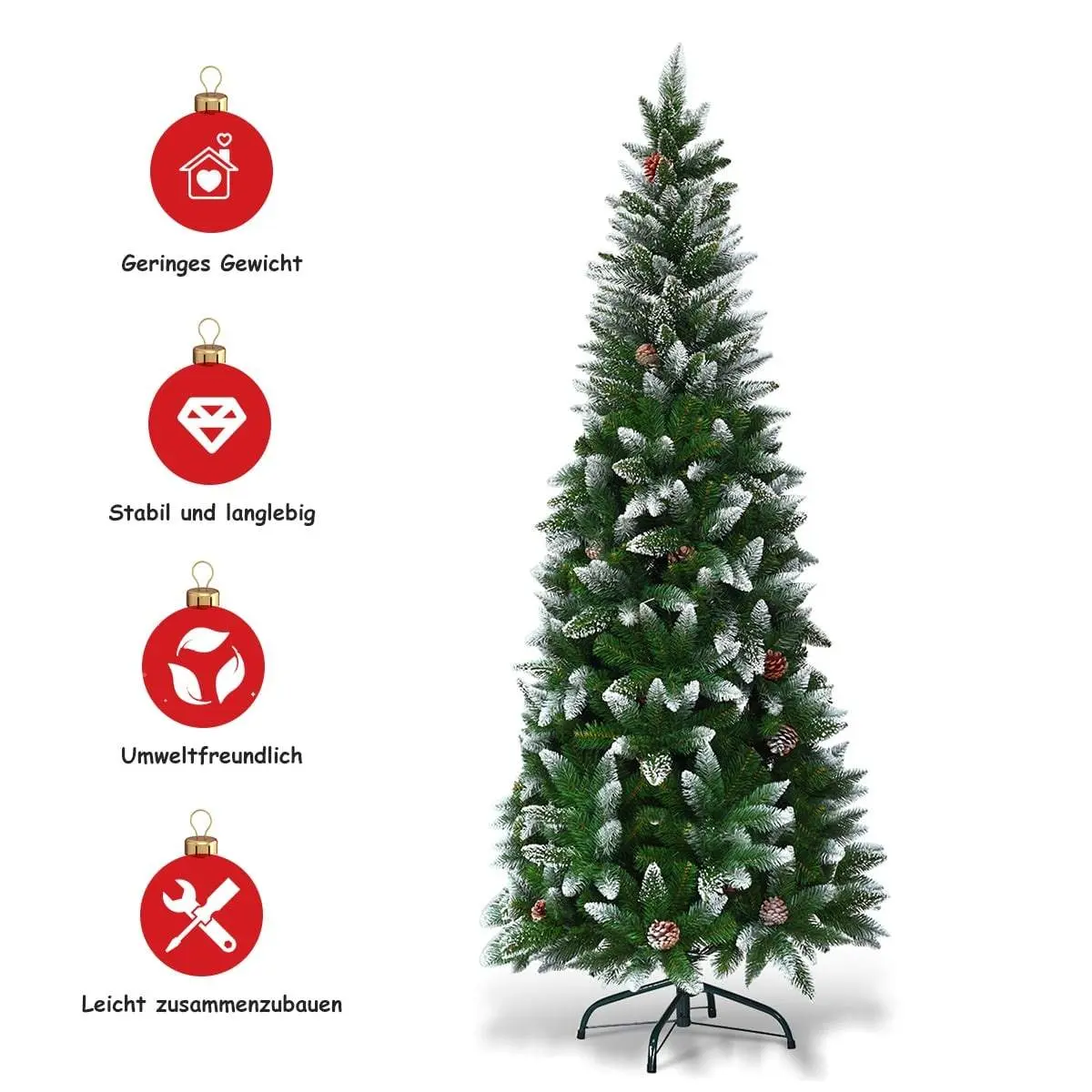 Snøhvit blyantjuletre – 180 cm, PVC-nåler, metallstativ