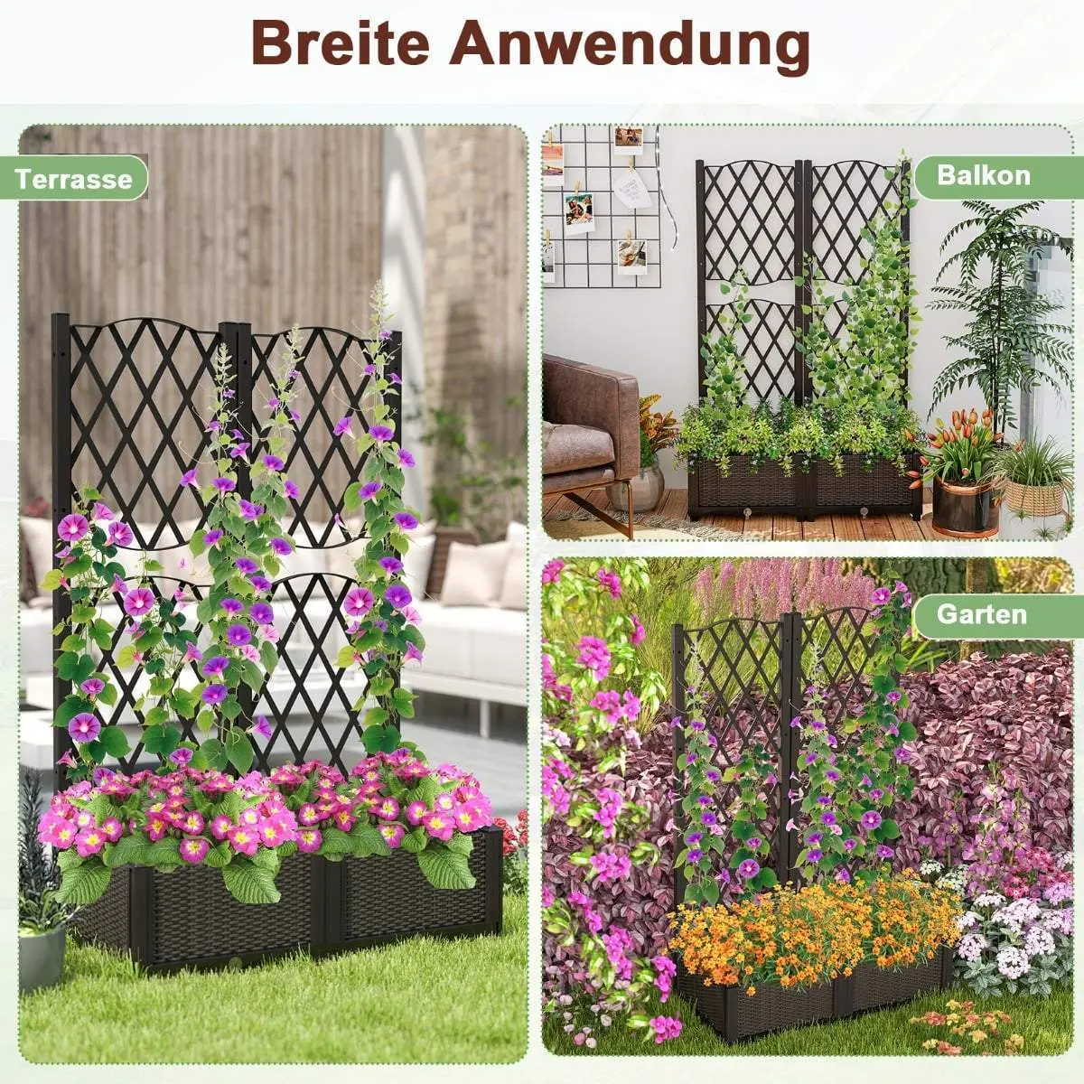 Hevet plantekasse med espalier, selvvannende, brun, 80x40x122 cm