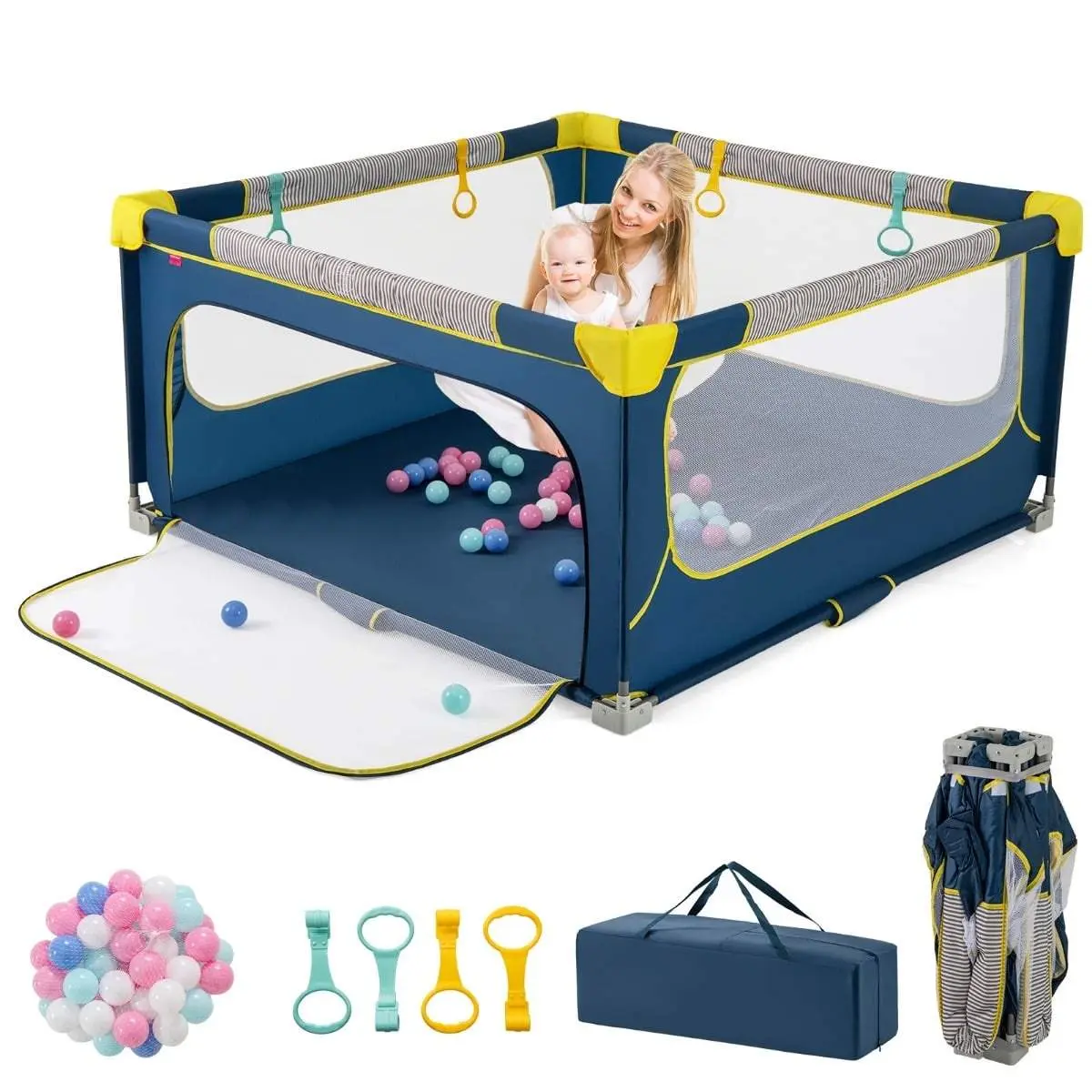 Sammenleggbar lekegrind til baby – 150x150 cm, 50 baller, glidelåsdør