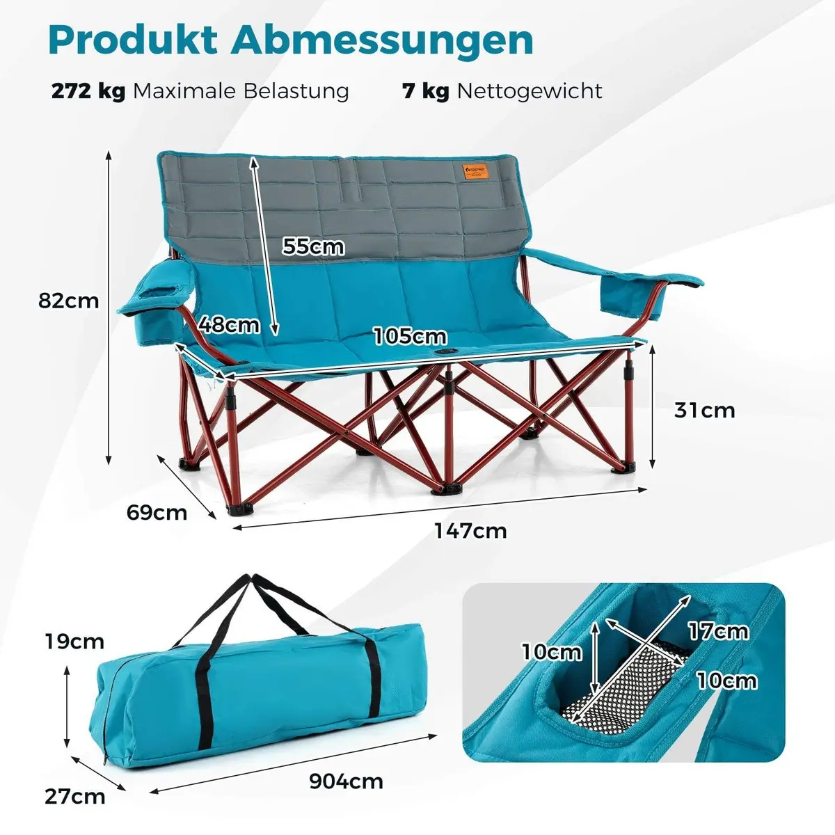 Overdimensjonert sammenleggbar campingstol for to personer med koppholdere