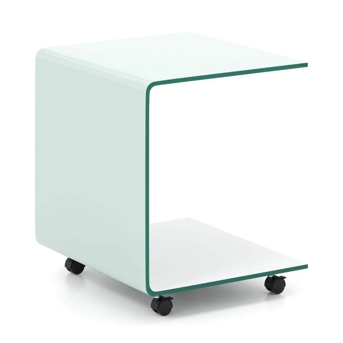 C-formet glass sidebord med hjul – hvitt, 30 kg kapasitet