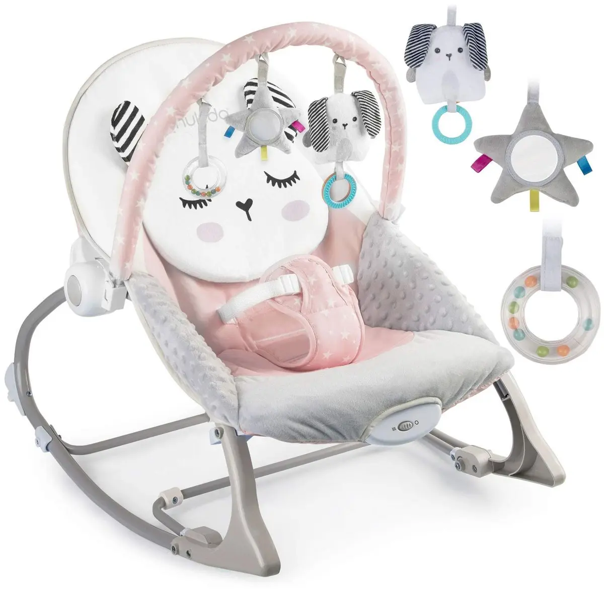 Babyvippe med vibrasjon – rosa, multifunksjonell, trygg